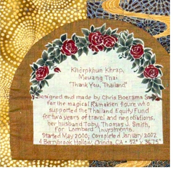 Handmade Quilt Thank You Thailand Signed Hmong Handmade Man Holding World 52x36 - Picture 5 of 7
